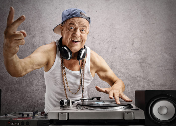 retiree posing as a dj