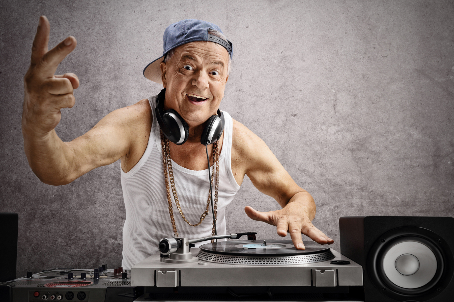 retiree posing as a dj