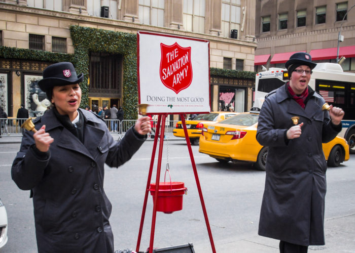 salvation army bell ringers at Christmas time