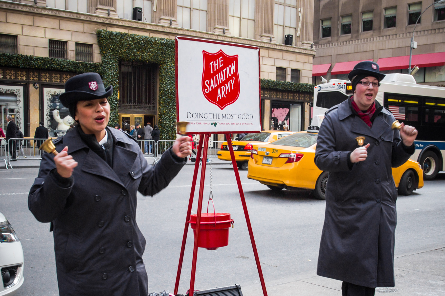 salvation army bell ringers at Christmas time